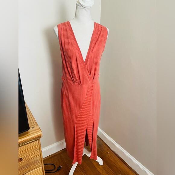 Free People Rising Sun Terracotta Ribbed Wrap Midi Dress Sz Large - Picture 3 of 8